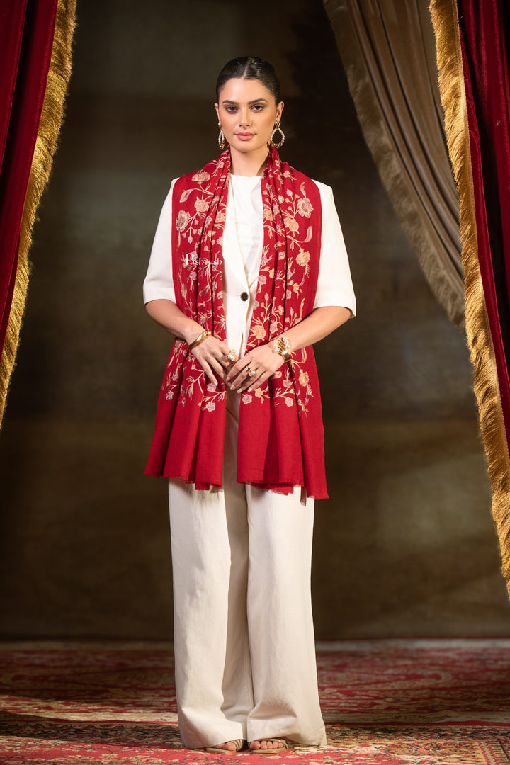 Pashtush Womens Extra Fine Wool Stole, Floral Embroidery Design, Maroon