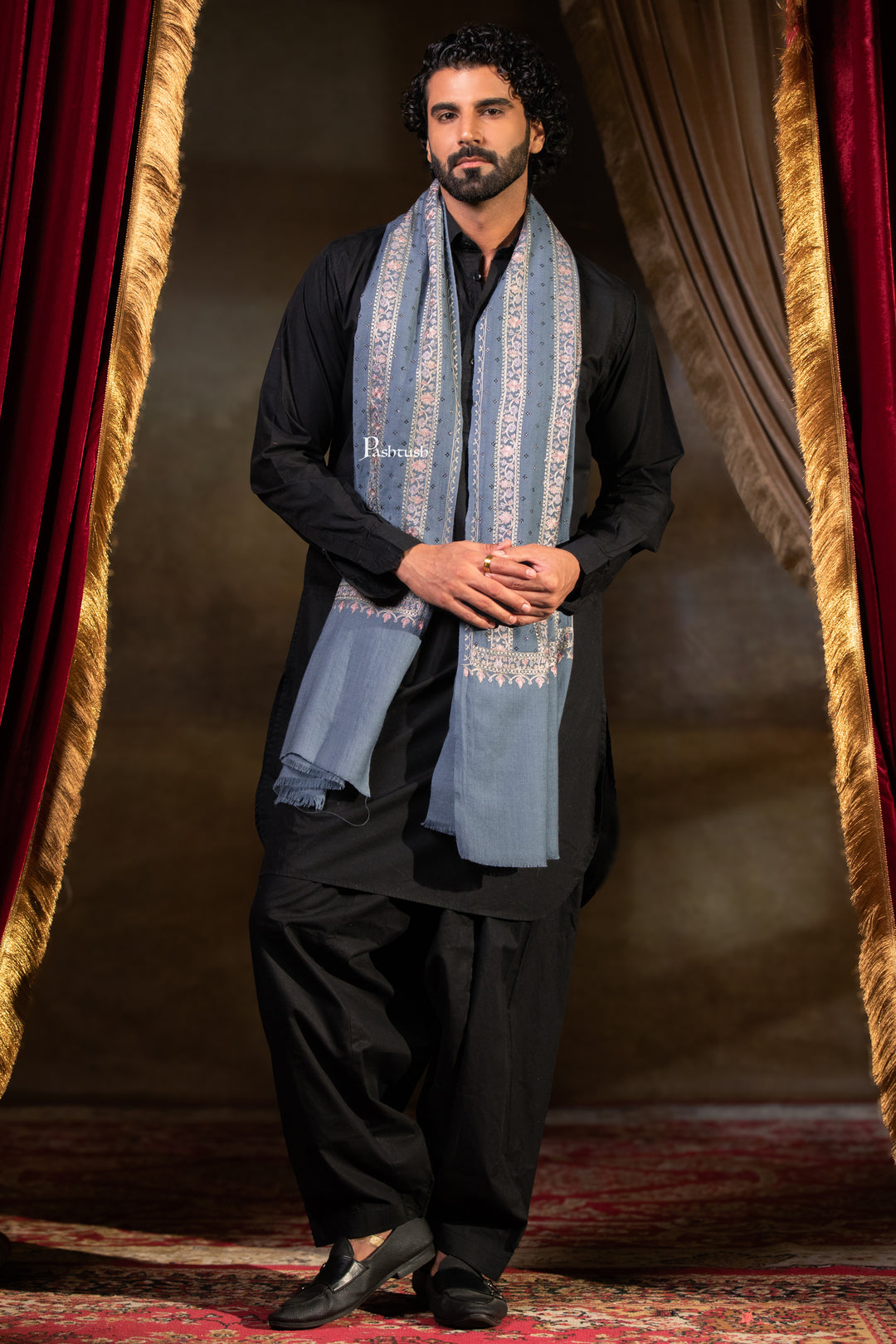 Pashtush Mens Stole, Silk Wool Fine Embroidery, Grey