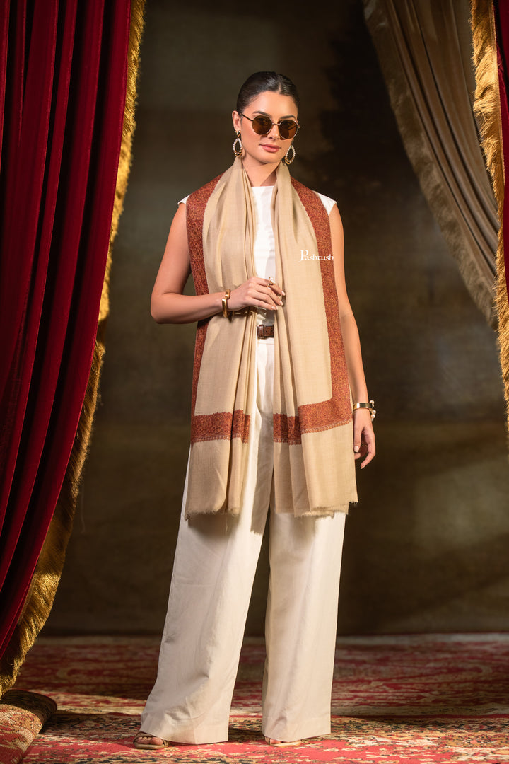 Pashtush Womens Extra Fine Wool Shawl, Double Daur Design, Beige