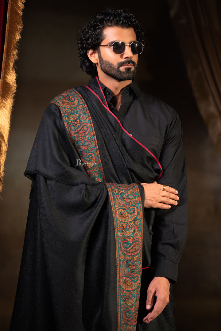 Pashtush Mens Extra Fine Wool Shawl, Ambi Border Design, Black