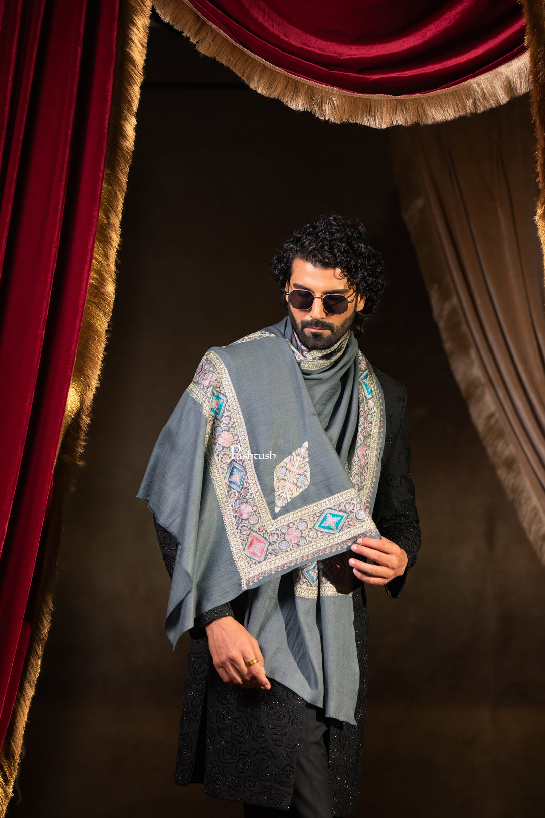 Pashtush Mens Extra Fine Wool Stole, Border Tilla Work, Grey