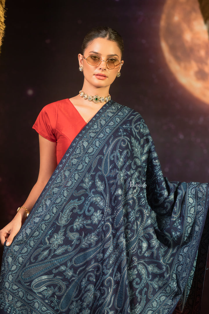 Pashtush Womens Extra Fine Wool Stole, Paisley Design, Navy Blue