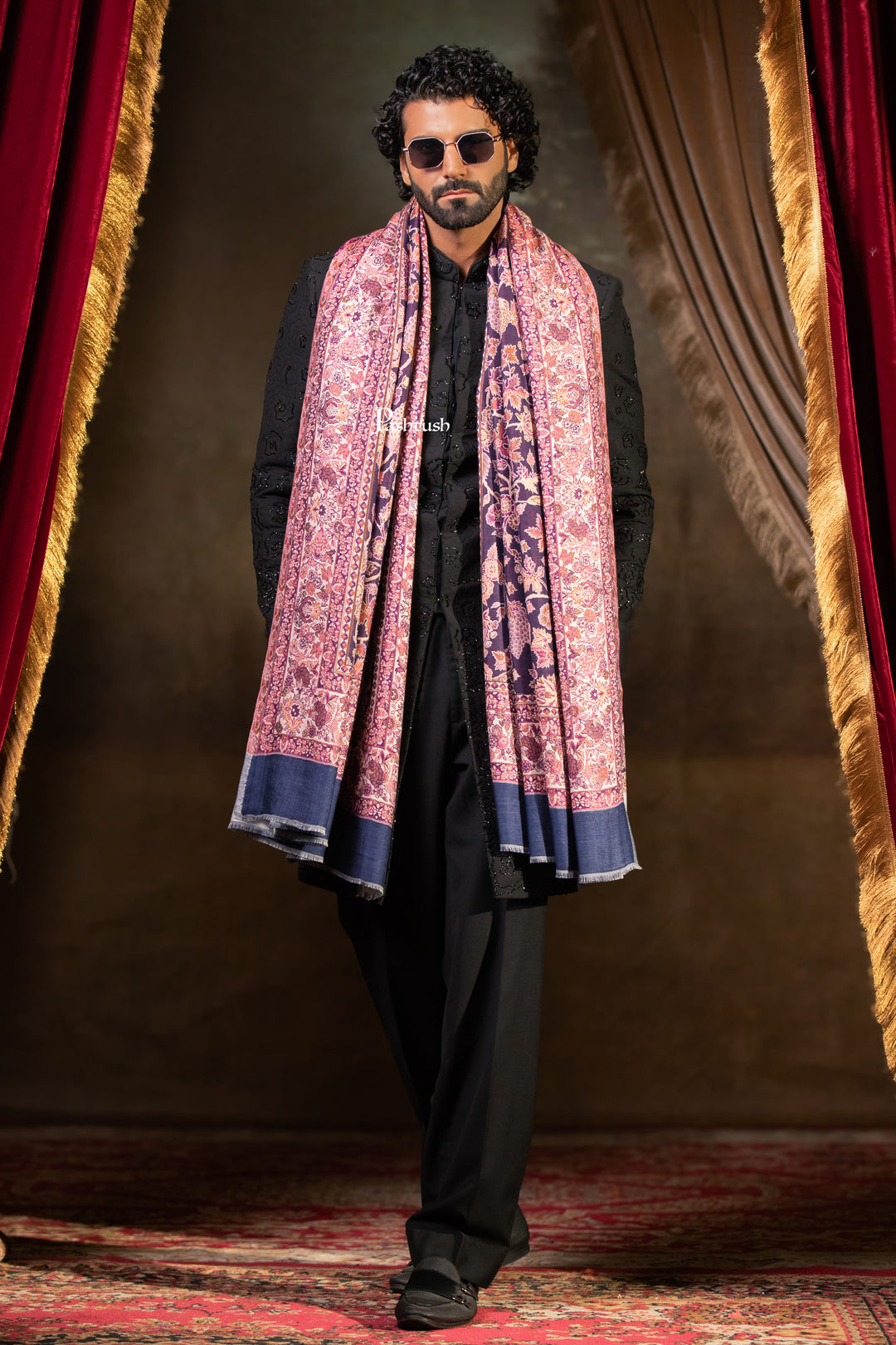 Pashtush Mens Faux Pashmina Stole, Floral Design, Navy Blue