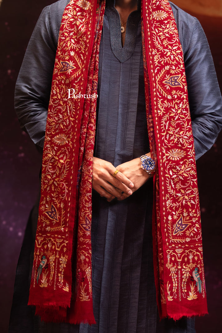 Pashtush Men's Pashmina Stole, Kashmiri Tilla Work, Handloom, Maroon