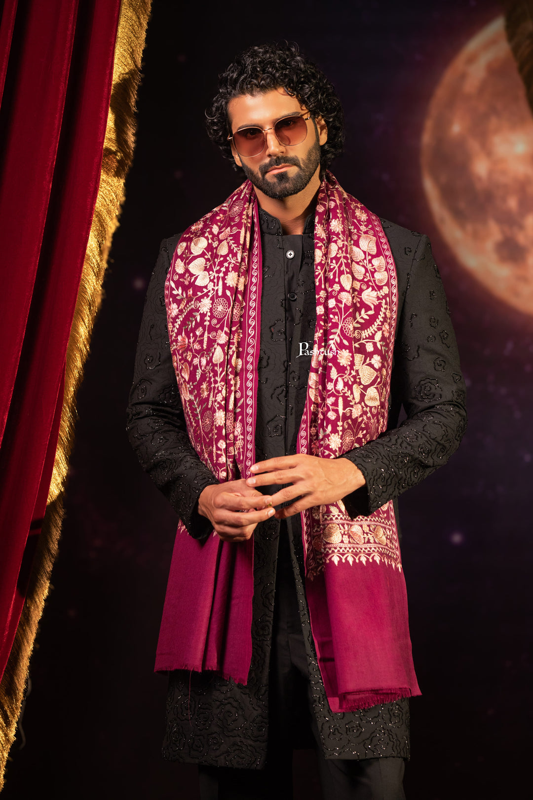 Pashtush Mens Extra Fine Wool Stole, Floral Design, Dark Pink