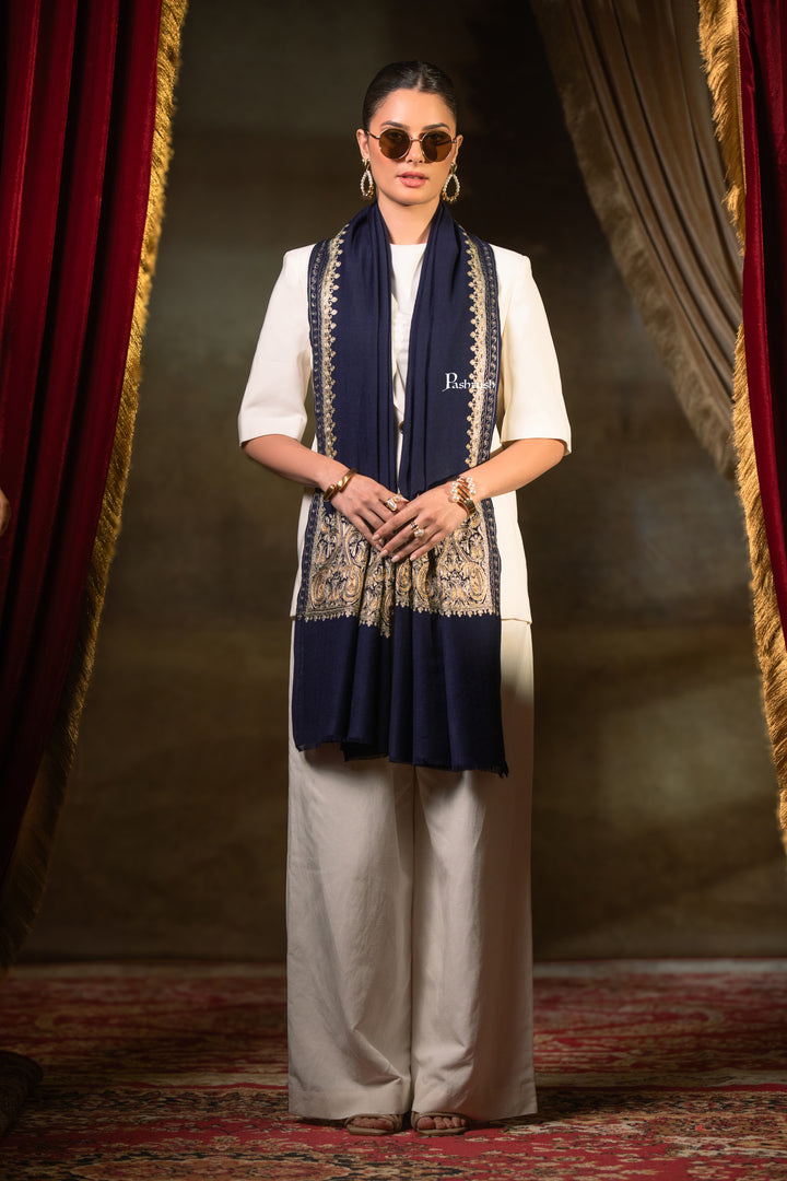 Pashtush Womens Extra Fine Wool Stole, Tilla Embroidery Work, Navy Blue