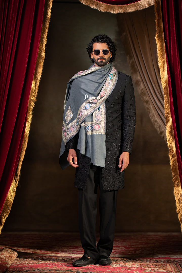 Pashtush Mens Extra Fine Wool Stole, Border Tilla Work, Grey