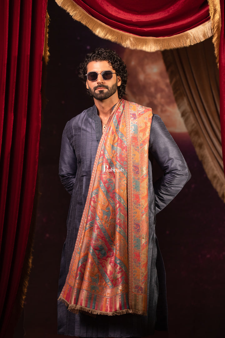 Pashtush Mens Faux Pashmina Shawl, Zari Design, Multicoloured