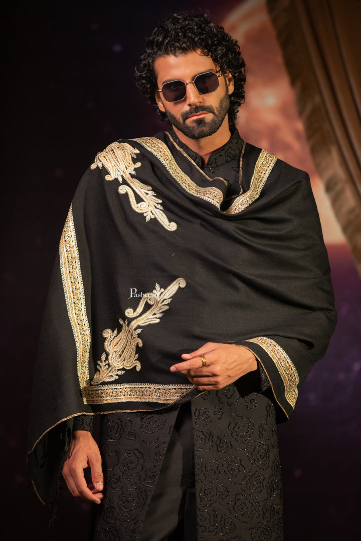 Pashtush Mens Extra Fine Wool Stole, Paisley Design, Black