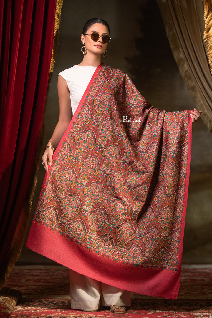 Pashtush Womens Extra Fine Wool Shawl, Paisley Embroidery Design, Dark Pink