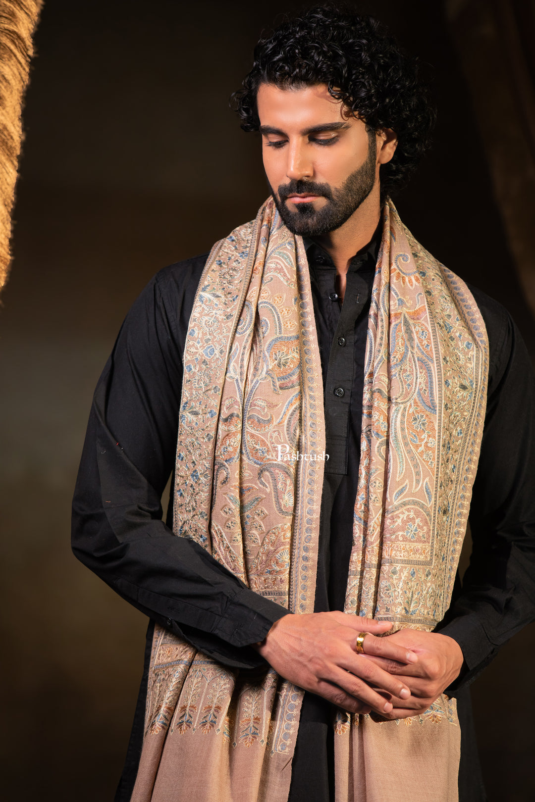 Pashtush Mens Extra Fine Wool Stole, Silk Wool Fine Embroidery, Taupe