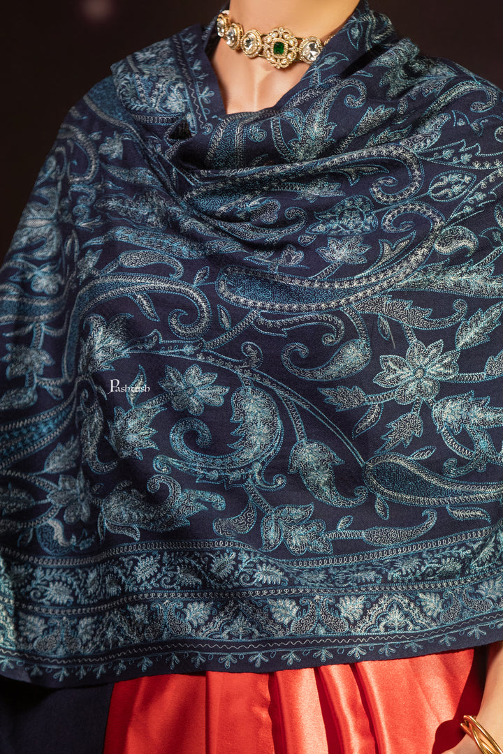 Pashtush Womens Extra Fine Wool Stole, Paisley Design, Navy Blue