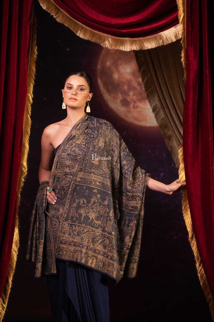 Pashtush Womens Faux Pashmina Shawl, Darbar Design, Navy Blue