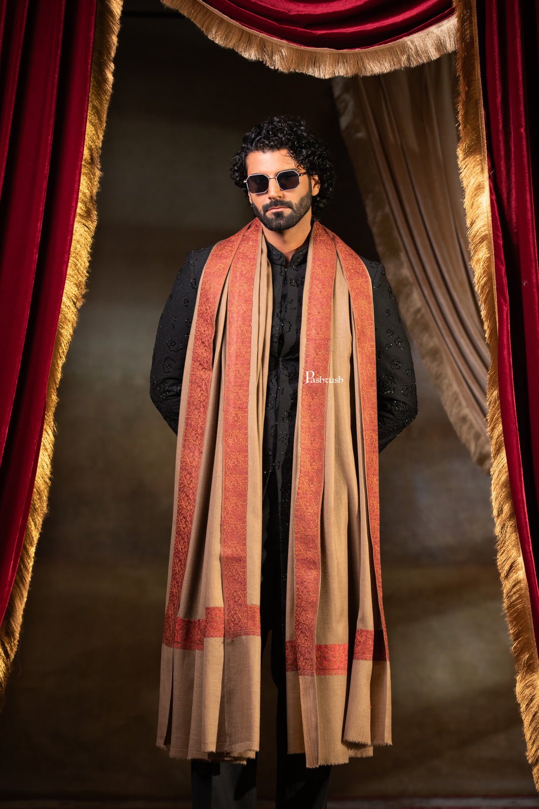 Pashtush Mens Fine Wool Shawl, Border Design with Tilla Embroidery, Taupe