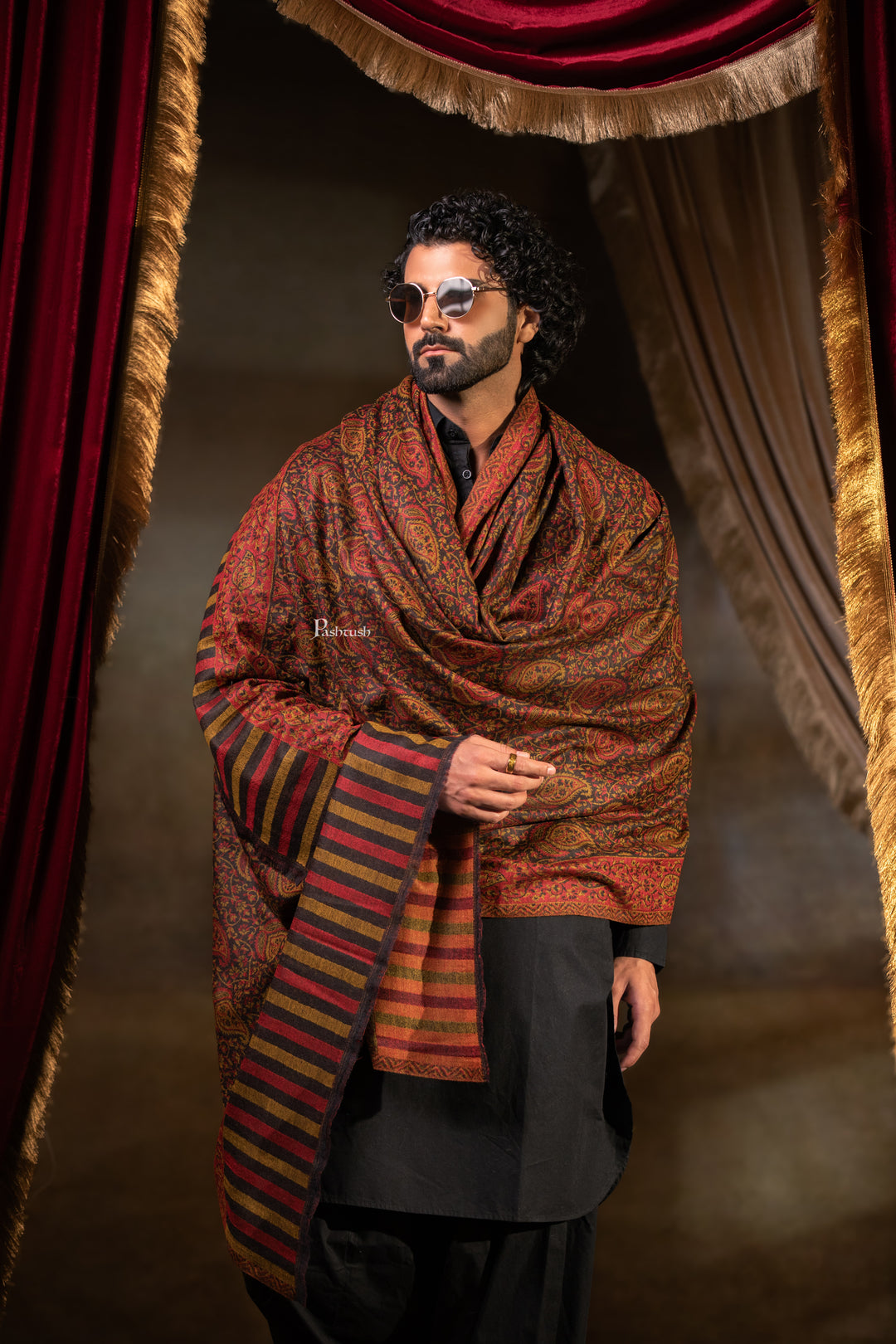 Pashtush Mens 100% Pure Wool With Woolmark Certificate Shawl, Paisley Design, Espresso Brown