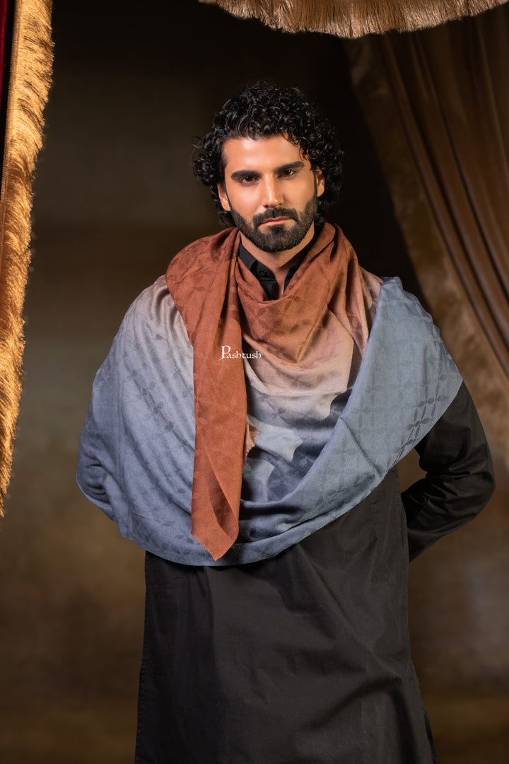 Pashtush Mens Cashmere Stole, Ombre Weave Design, Orange and Grey
