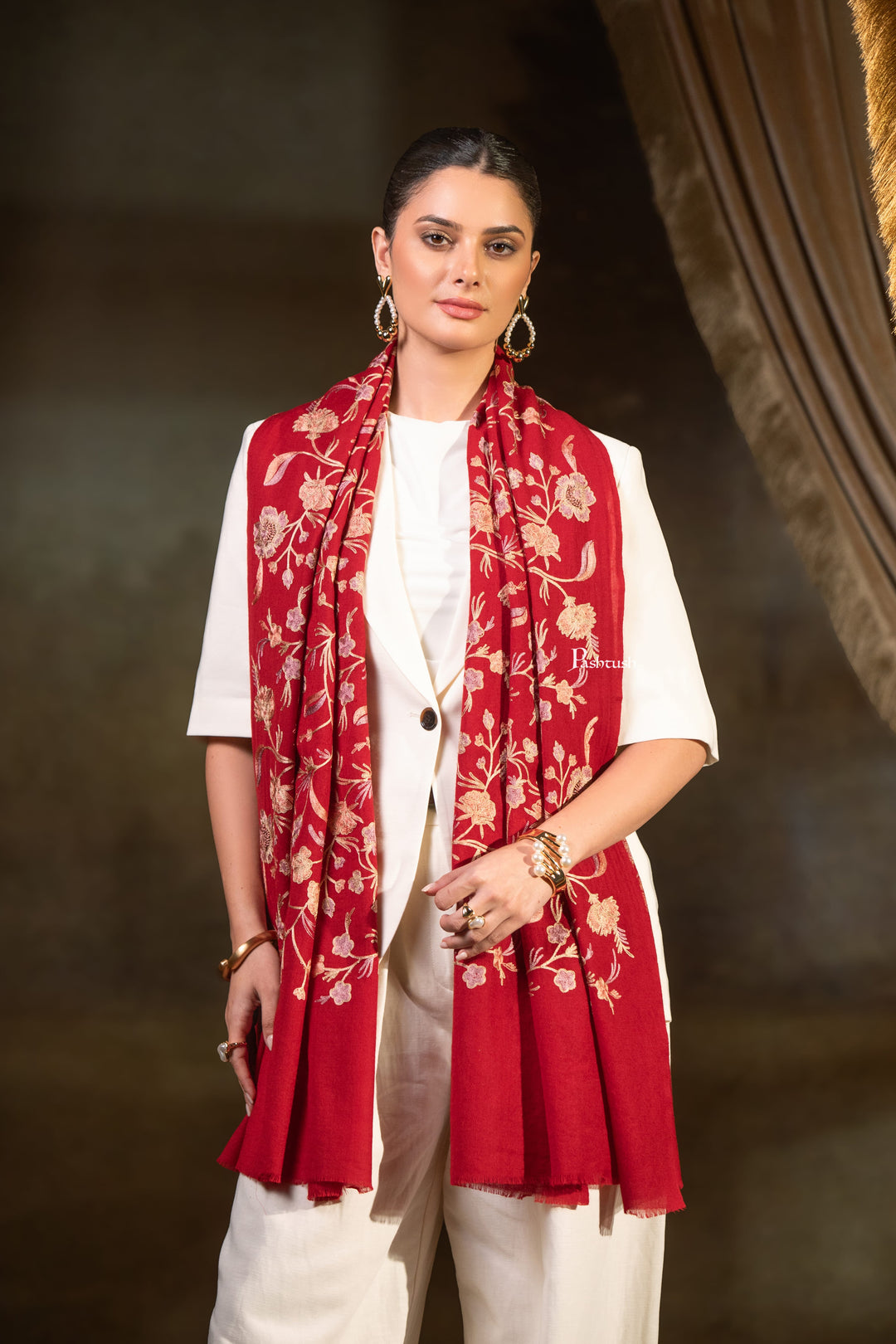 Pashtush Womens Extra Fine Wool Stole, Floral Embroidery Design, Maroon