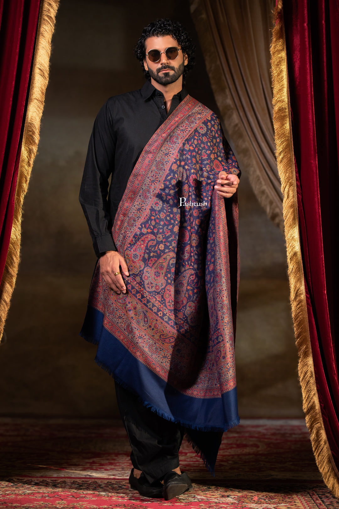 Pashtush Mens Faux Pashmina Stole, Paisley Weave Design, Blue