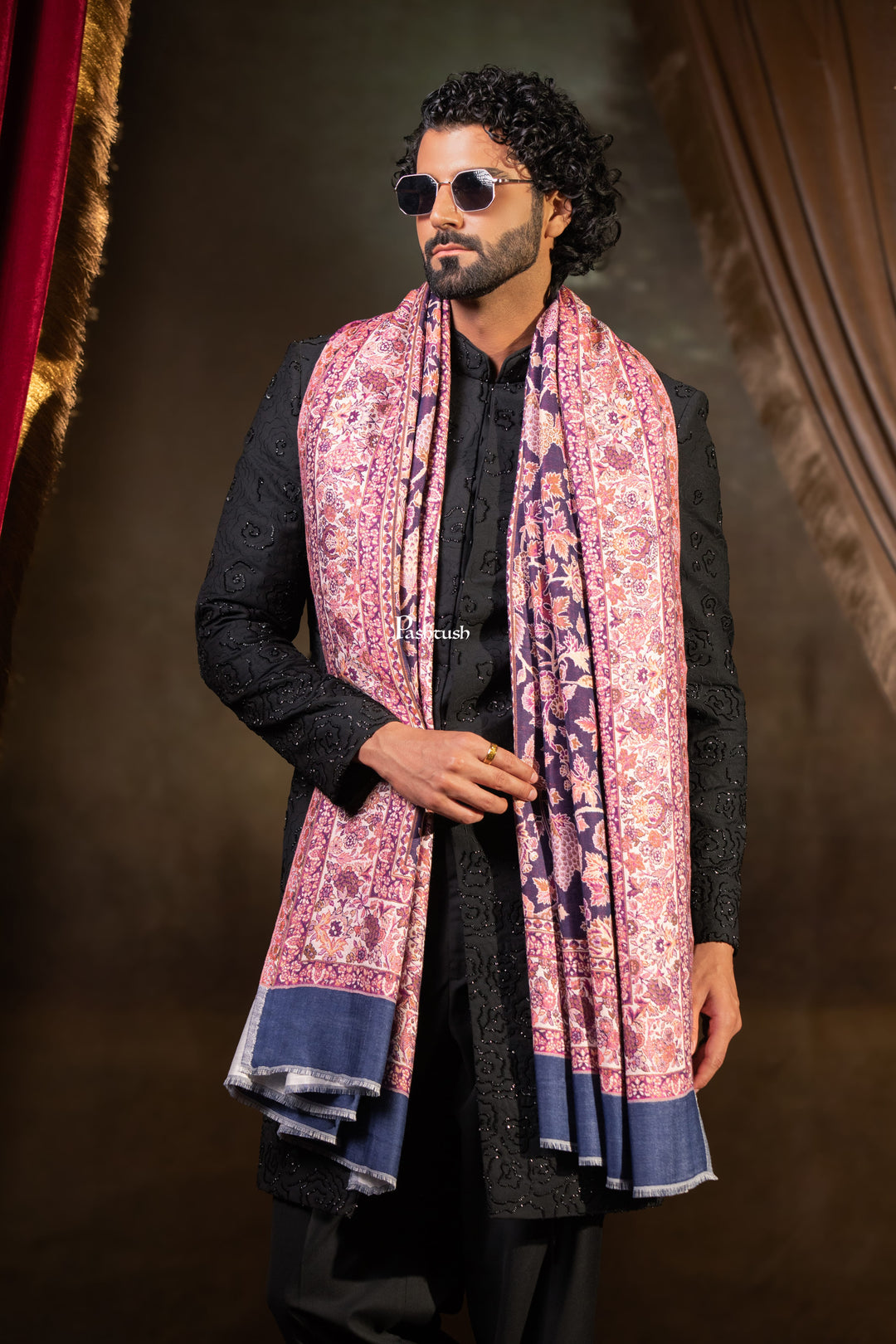 Pashtush Mens Faux Pashmina Stole, Floral Design, Navy Blue