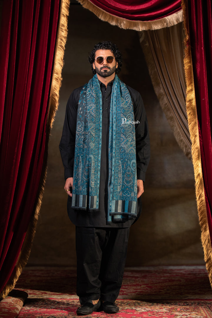 Pashtush Mens Faux Pashmina Stole, Paisley Weave Design, Blue