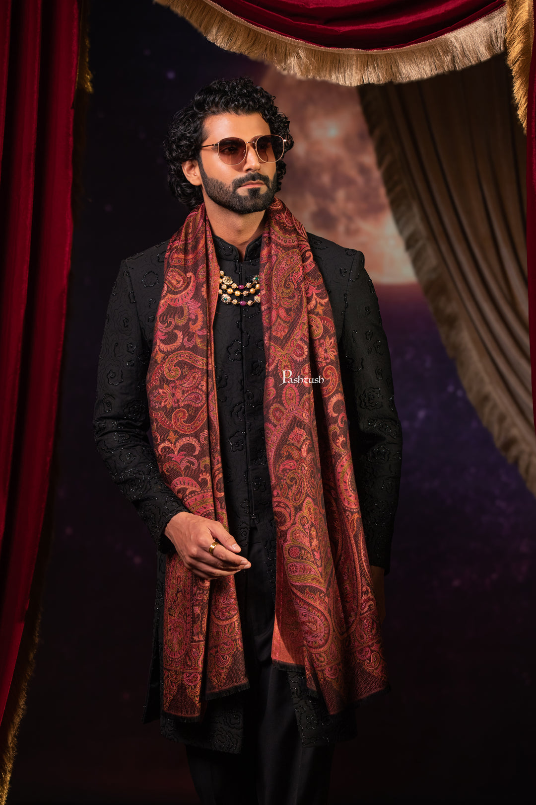 Pashtush Mens Faux Pashmina Stole, Paisley Weave Design, Espresso Brown