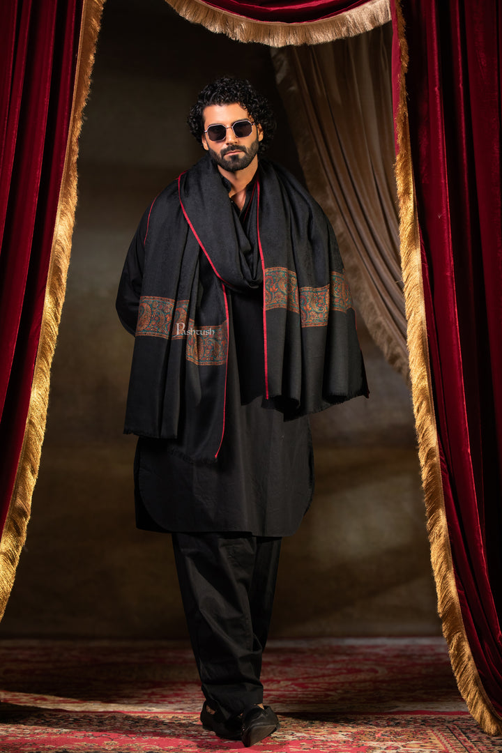 Pashtush Mens Extra Fine Wool Shawl, Ambi Border Design, Black