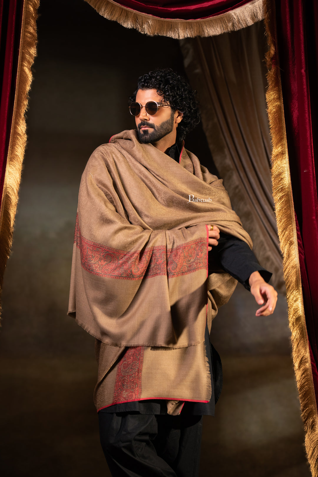 Pashtush Mens Extra Fine Wool Shawl, Ambi Border Design, Taupe
