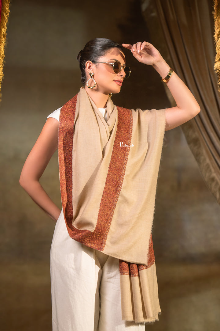 Pashtush Womens Extra Fine Wool Shawl, Double Daur Design, Beige