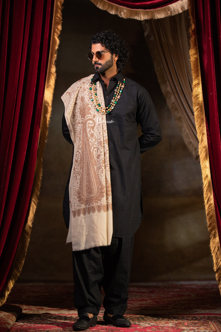 Pashtush Mens Extra Fine Wool Shawl, Tone Tone Embrodiery Design, Beige