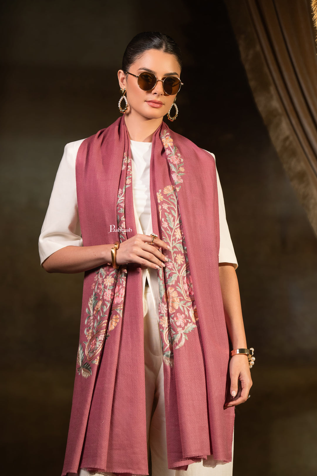 Pashtush Womens Extra Fine Wool Stole, Floral Embroidery Design, Pink