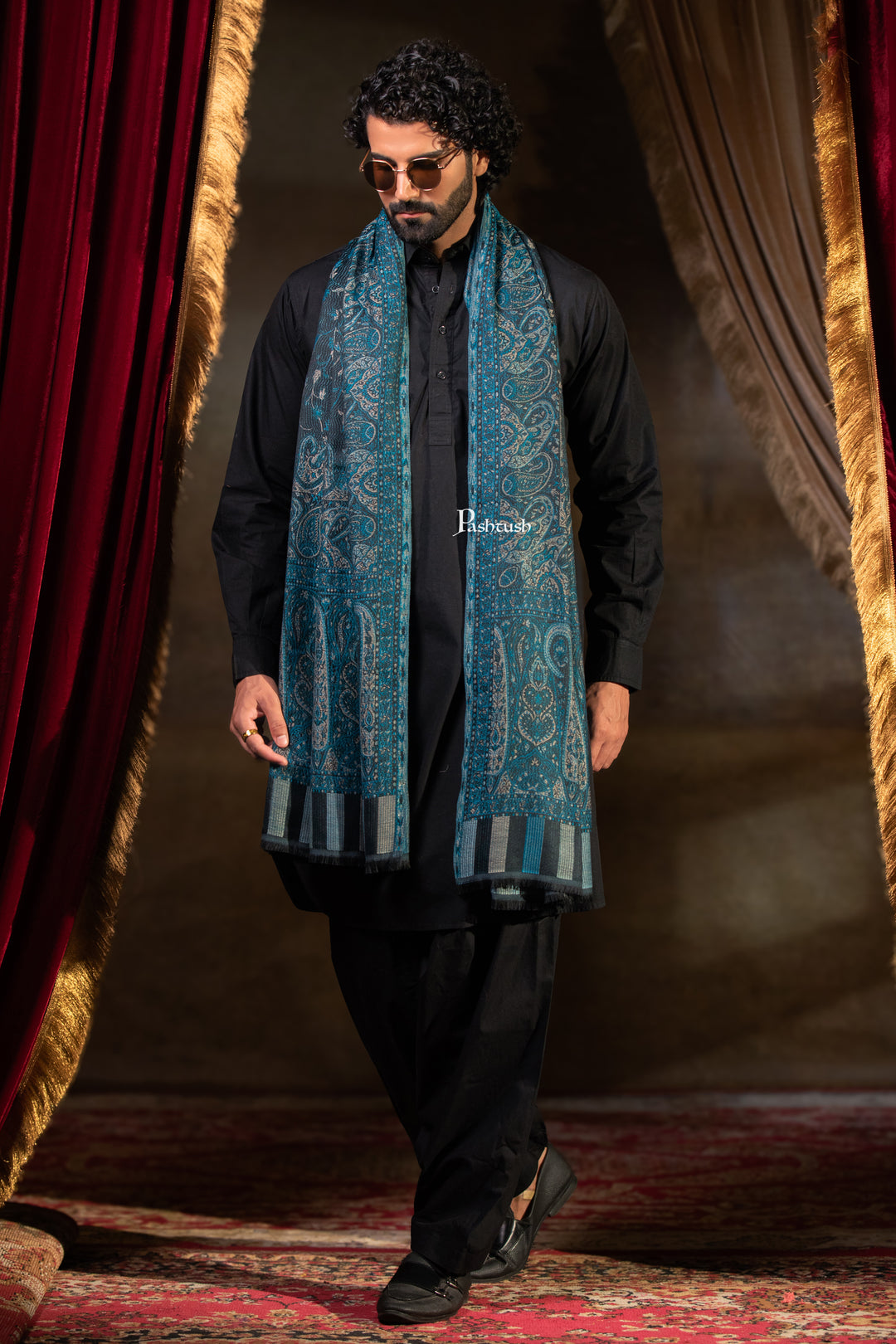 Pashtush Mens Faux Pashmina Stole, Paisley Weave Design, Blue
