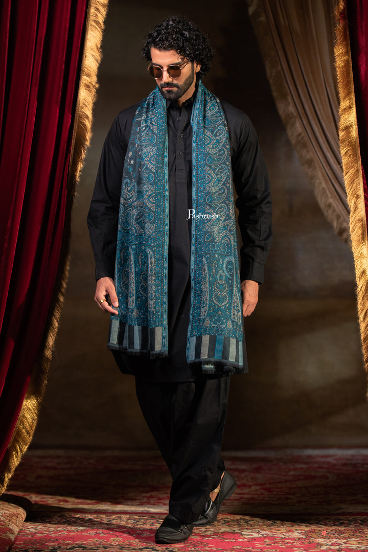 Pashtush Mens Faux Pashmina Stole, Paisley Weave Design, Blue