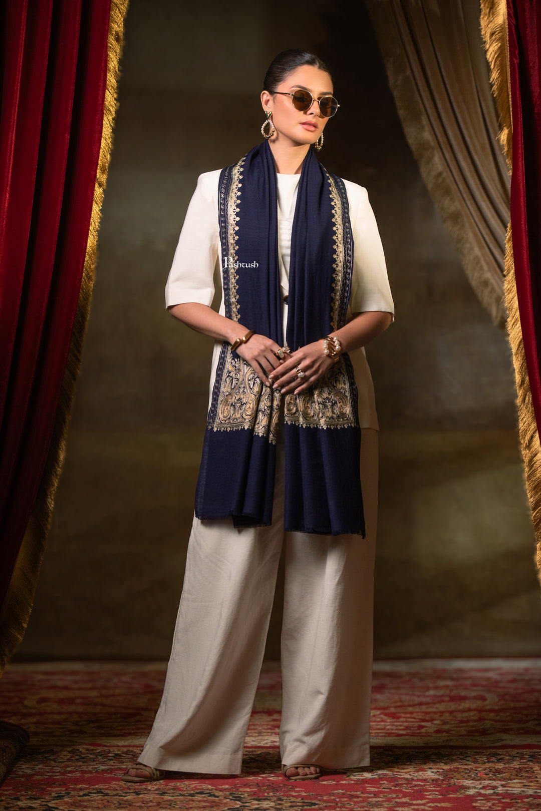 Pashtush Womens Extra Fine Wool Stole, Tilla Embroidery Work, Navy Blue