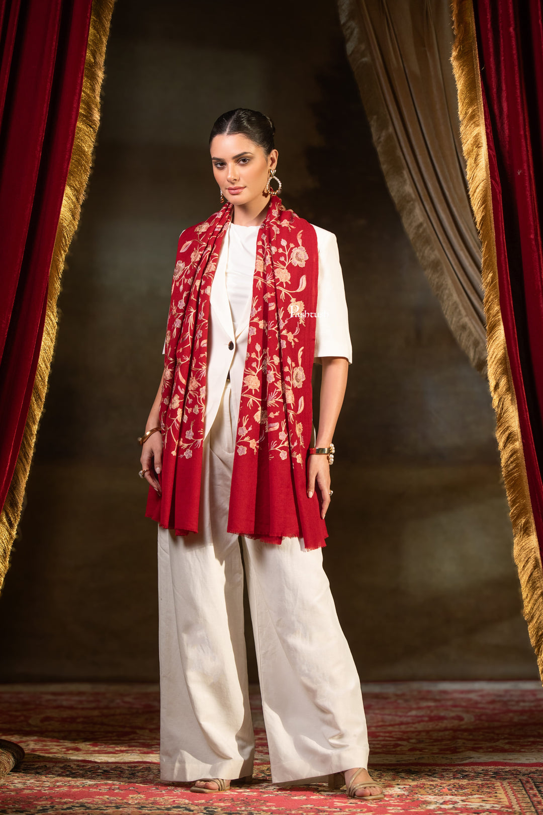 Pashtush Womens Extra Fine Wool Stole, Floral Embroidery Design, Maroon