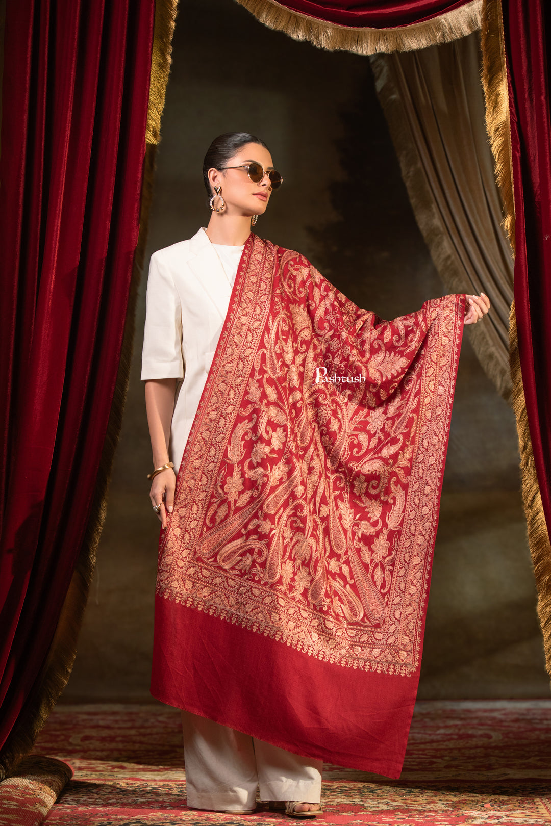 Pashtush Womens Extra Fine Wool Stole, Paisley Embroidery Design, Maroon