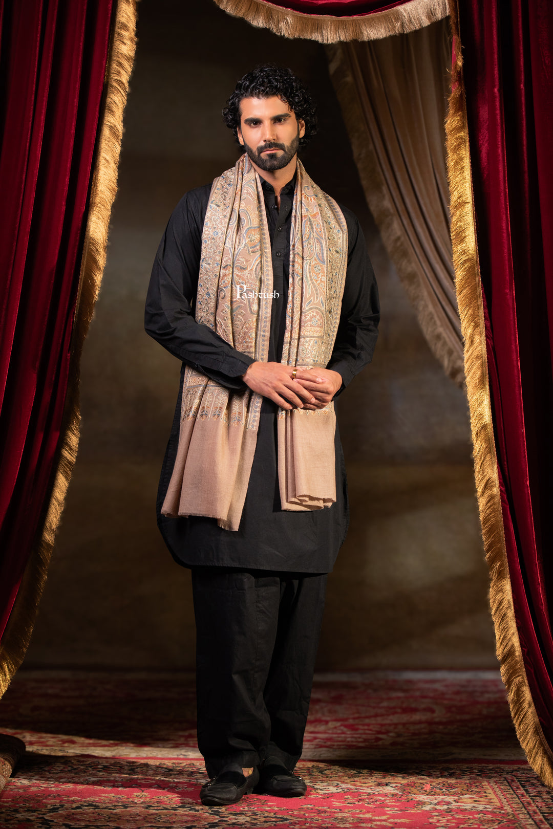 Pashtush Mens Extra Fine Wool Stole, Silk Wool Fine Embroidery, Taupe