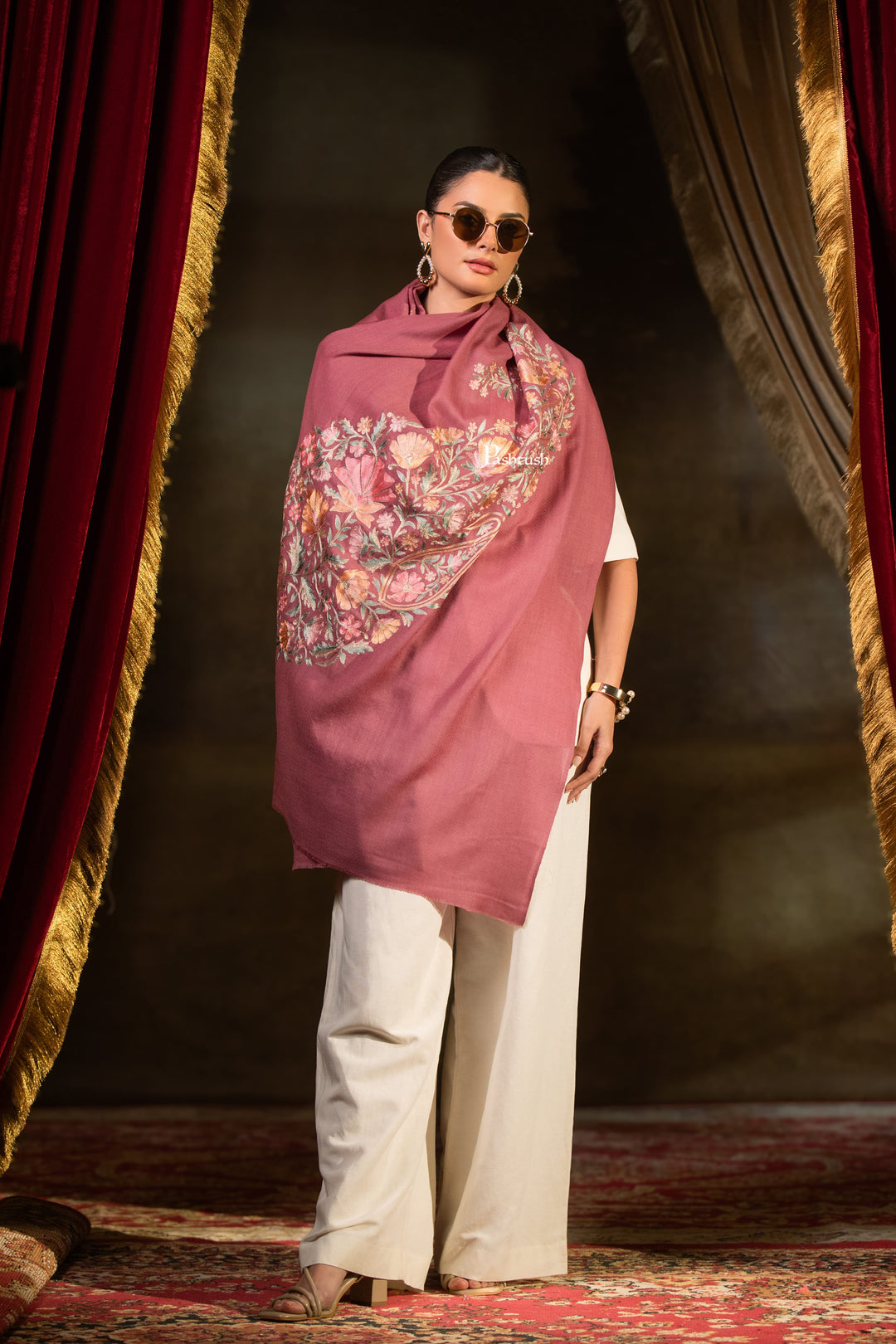 Pashtush Womens Extra Fine Wool Stole, Floral Embroidery Design, Pink