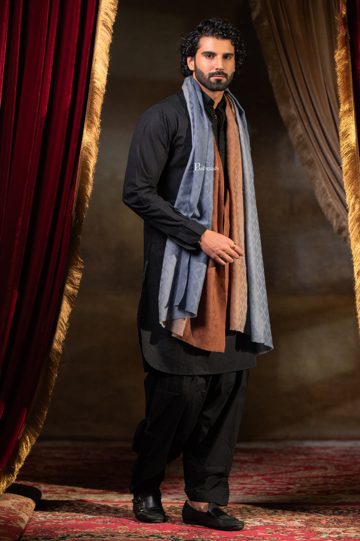 Pashtush Mens Cashmere Stole, Ombre Weave Design, Orange and Grey