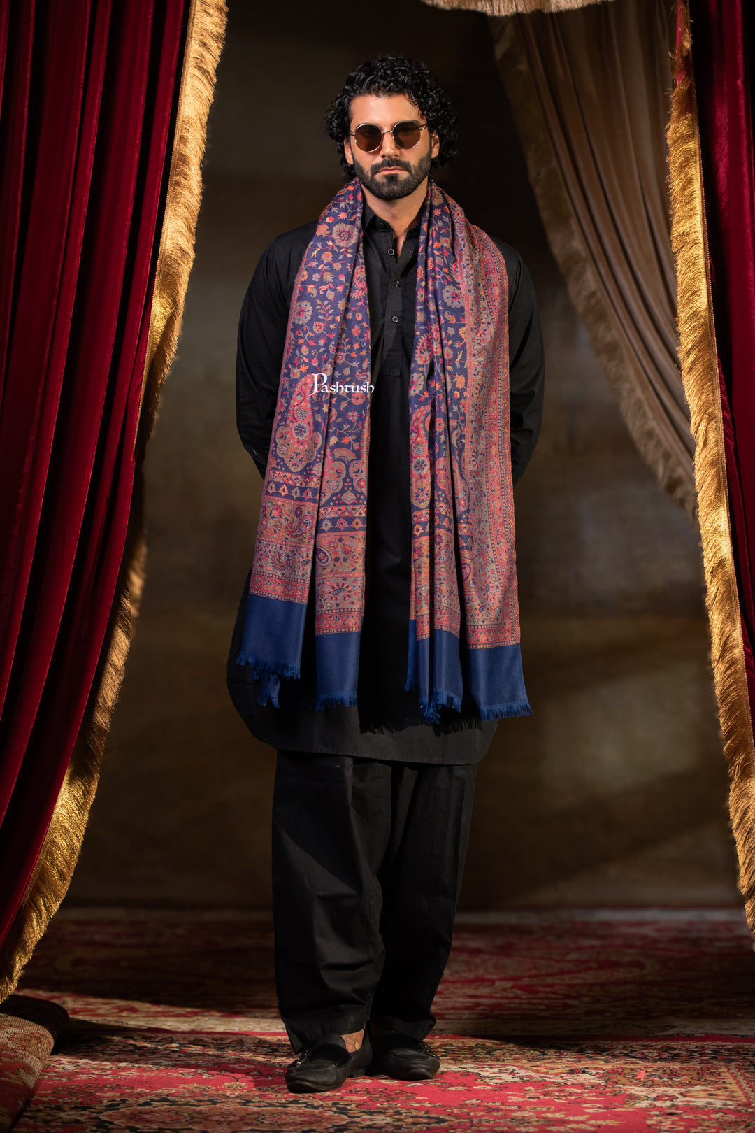Pashtush Mens Faux Pashmina Stole, Paisley Weave Design, Blue