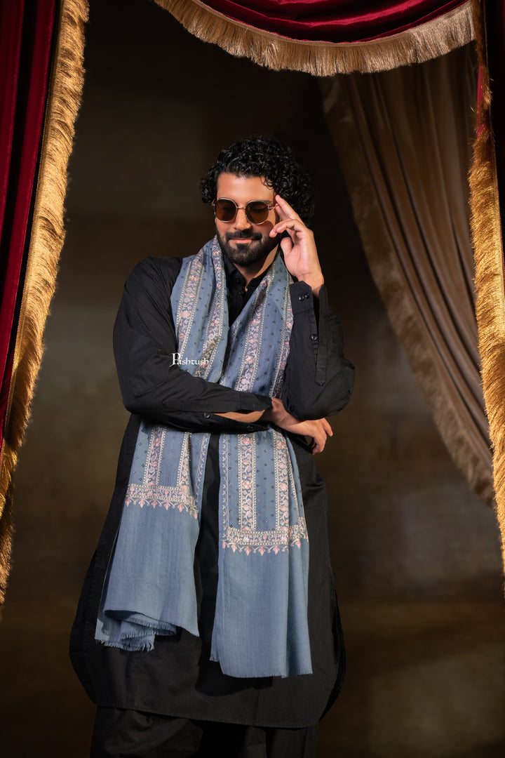Pashtush Mens Stole, Silk Wool Fine Embroidery, Grey