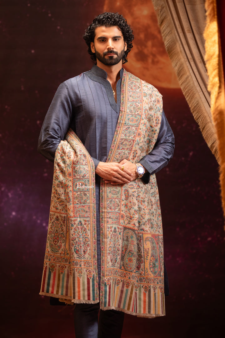 Pashtush Mens Extra Fine Wool Shawl, Ethnic Weave Design, Beige
