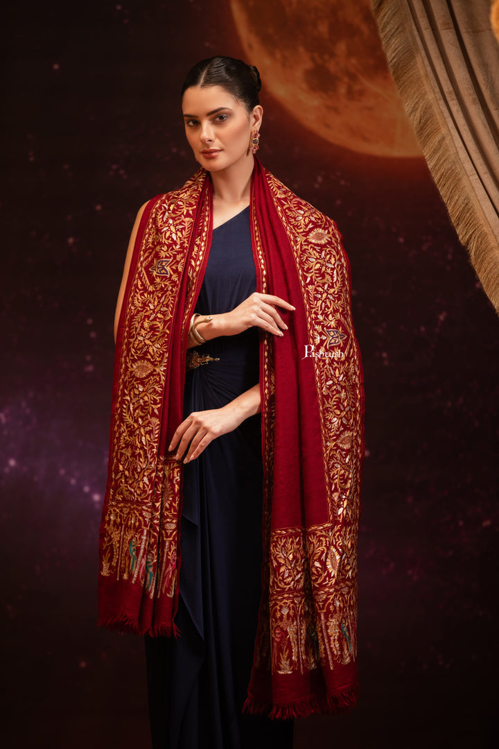 Pashtush Womens Pashmina Stole, Kashmiri Tilla Work, Handloom, Maroon