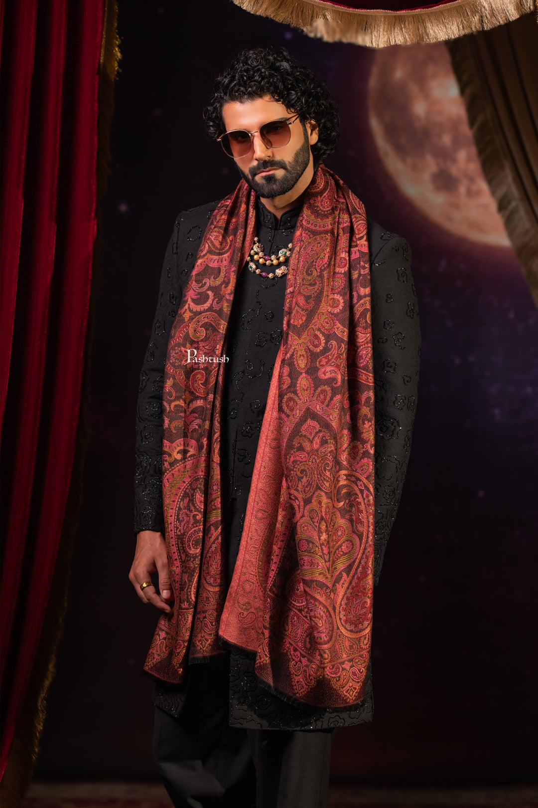 Pashtush Mens Faux Pashmina Stole, Paisley Weave Design, Espresso Brown