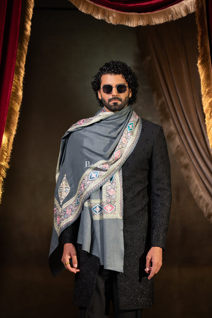 Pashtush Mens Extra Fine Wool Stole, Border Tilla Work, Grey