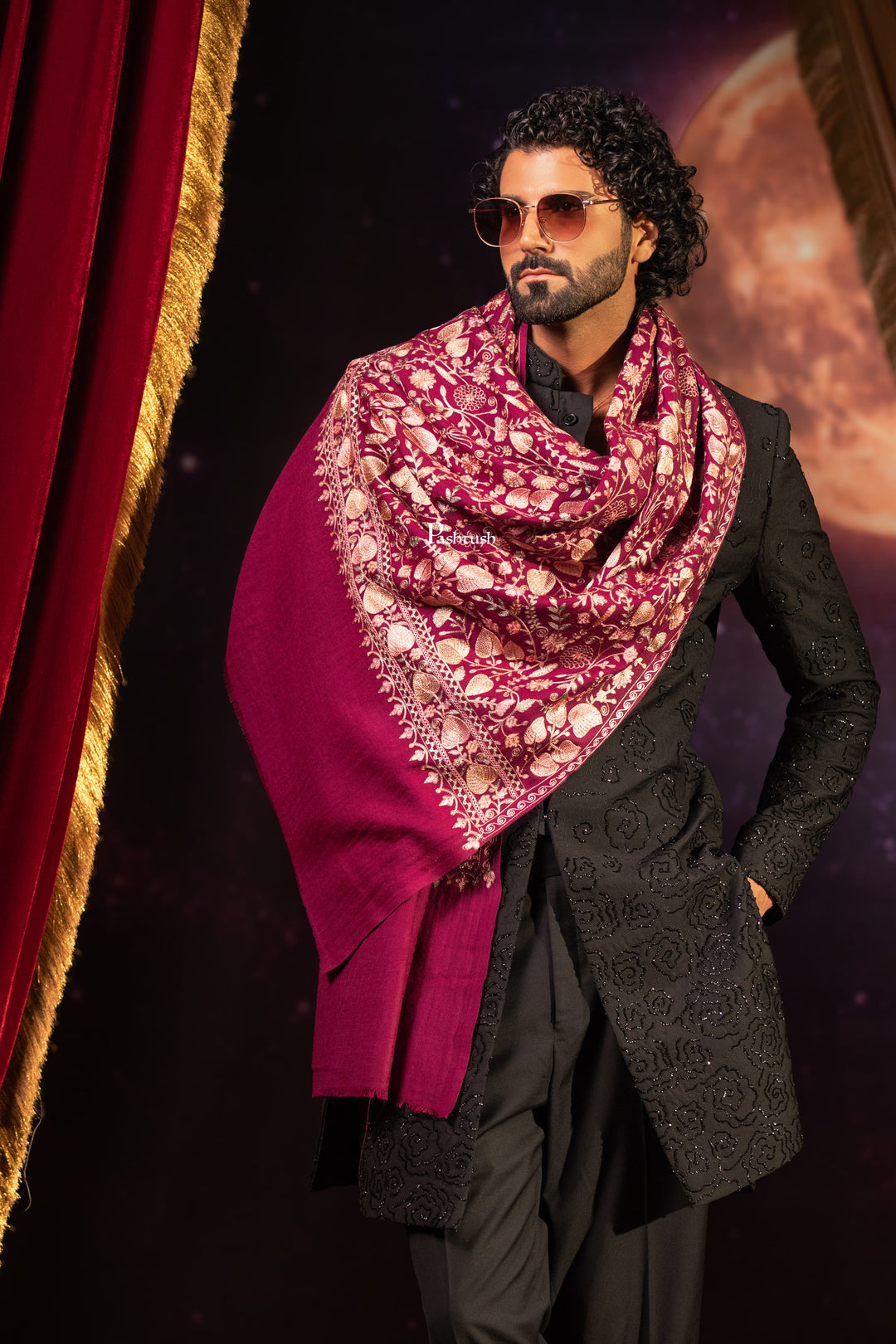 Pashtush Mens Extra Fine Wool Stole, Floral Design, Dark Pink