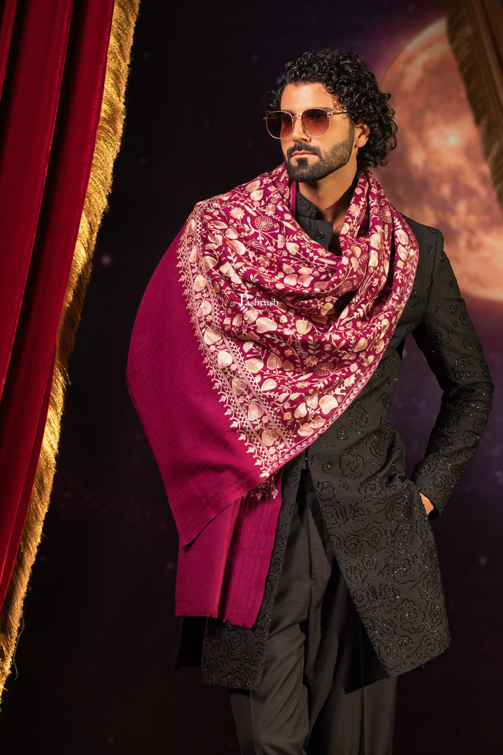 Pashtush Mens Extra Fine Wool Stole, Floral Design, Dark Pink