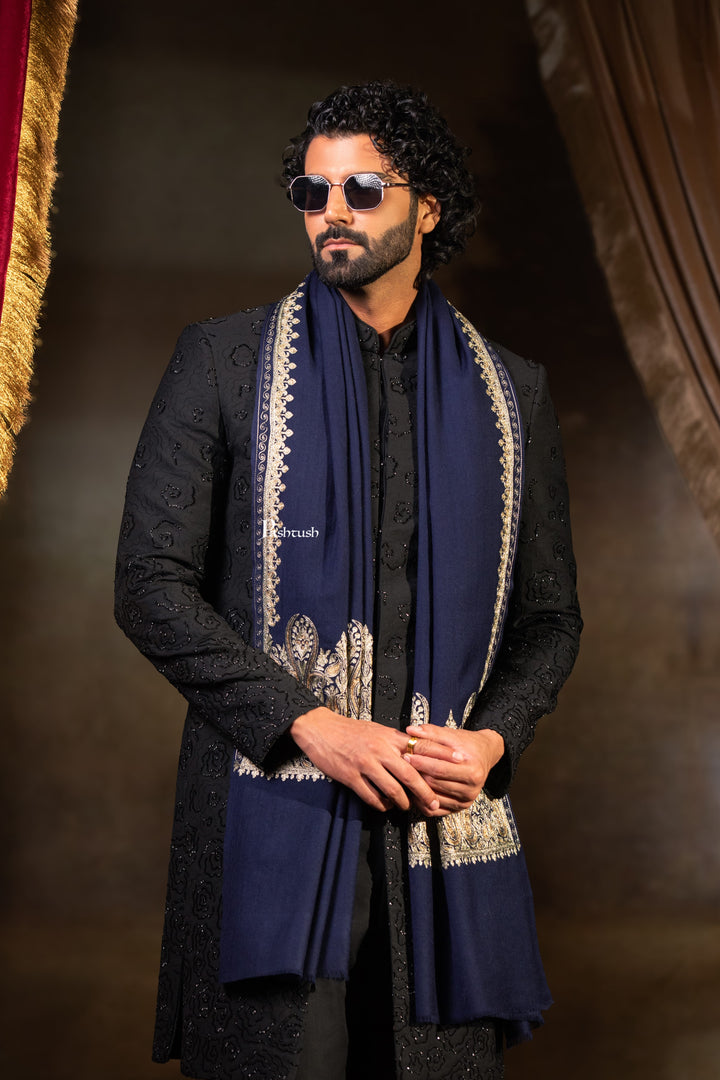 Pashtush Mens Extra Fine Wool Stole, Paisley Design, Navy Blue