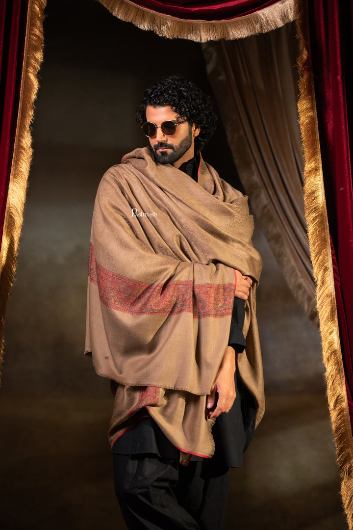 Pashtush Mens Extra Fine Wool Shawl, Ambi Border Design, Taupe