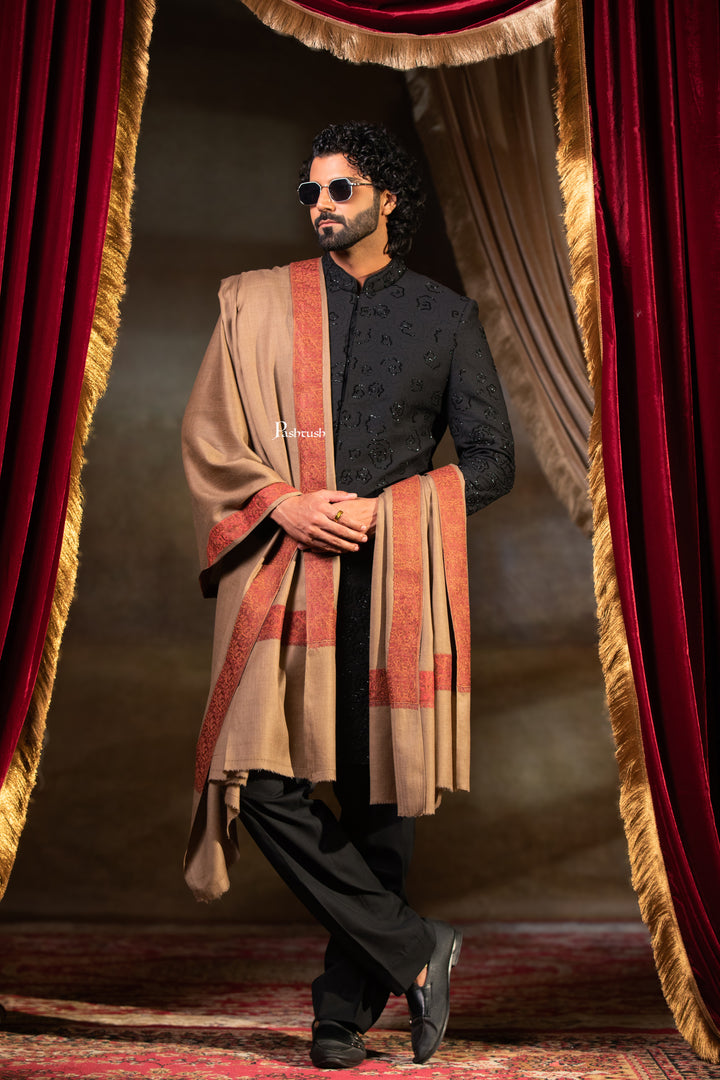 Pashtush Mens Fine Wool Shawl, Border Design with Tilla Embroidery, Taupe