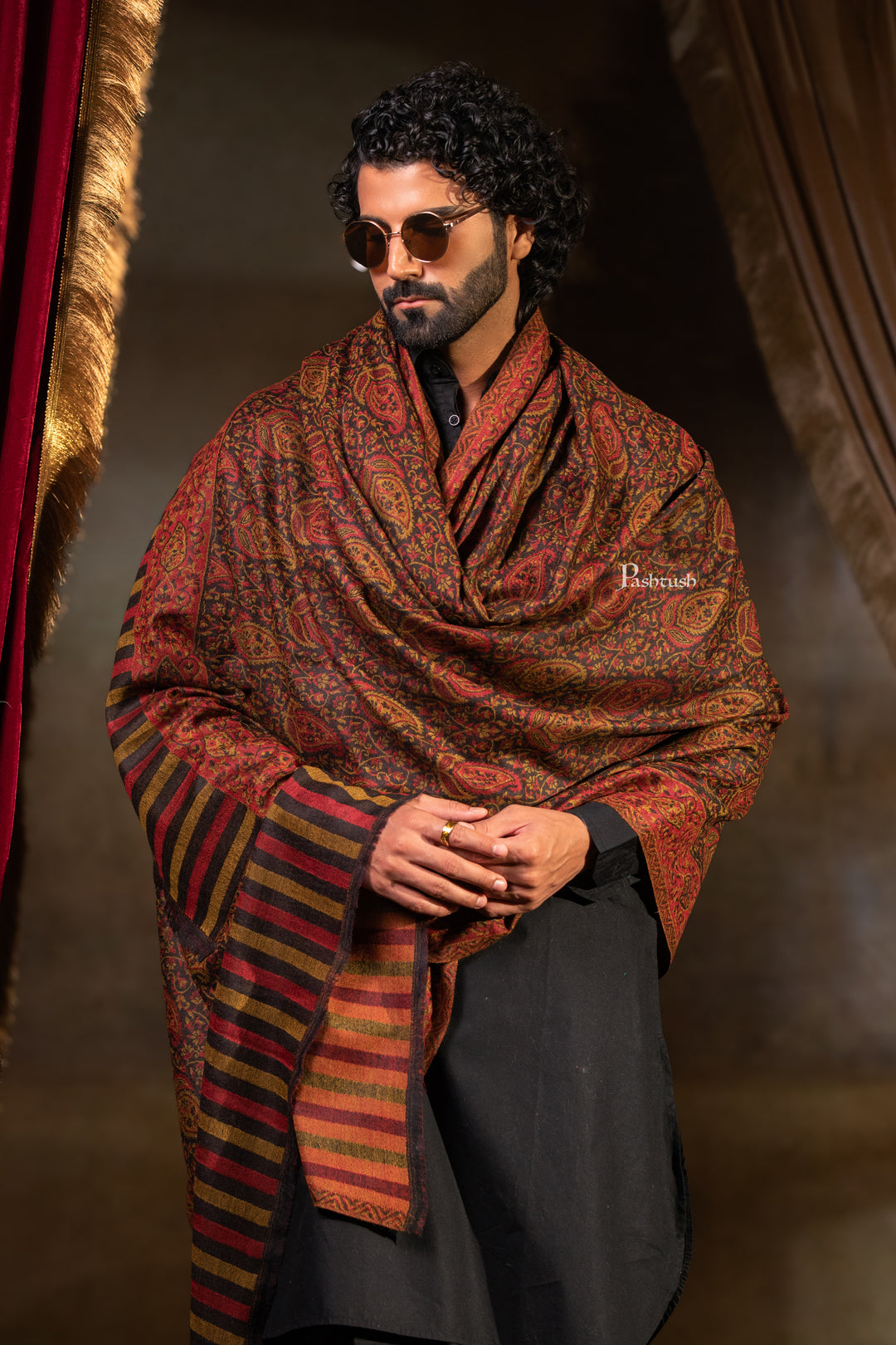 Pashtush Mens 100% Pure Wool With Woolmark Certificate Shawl, Paisley Design, Espresso Brown